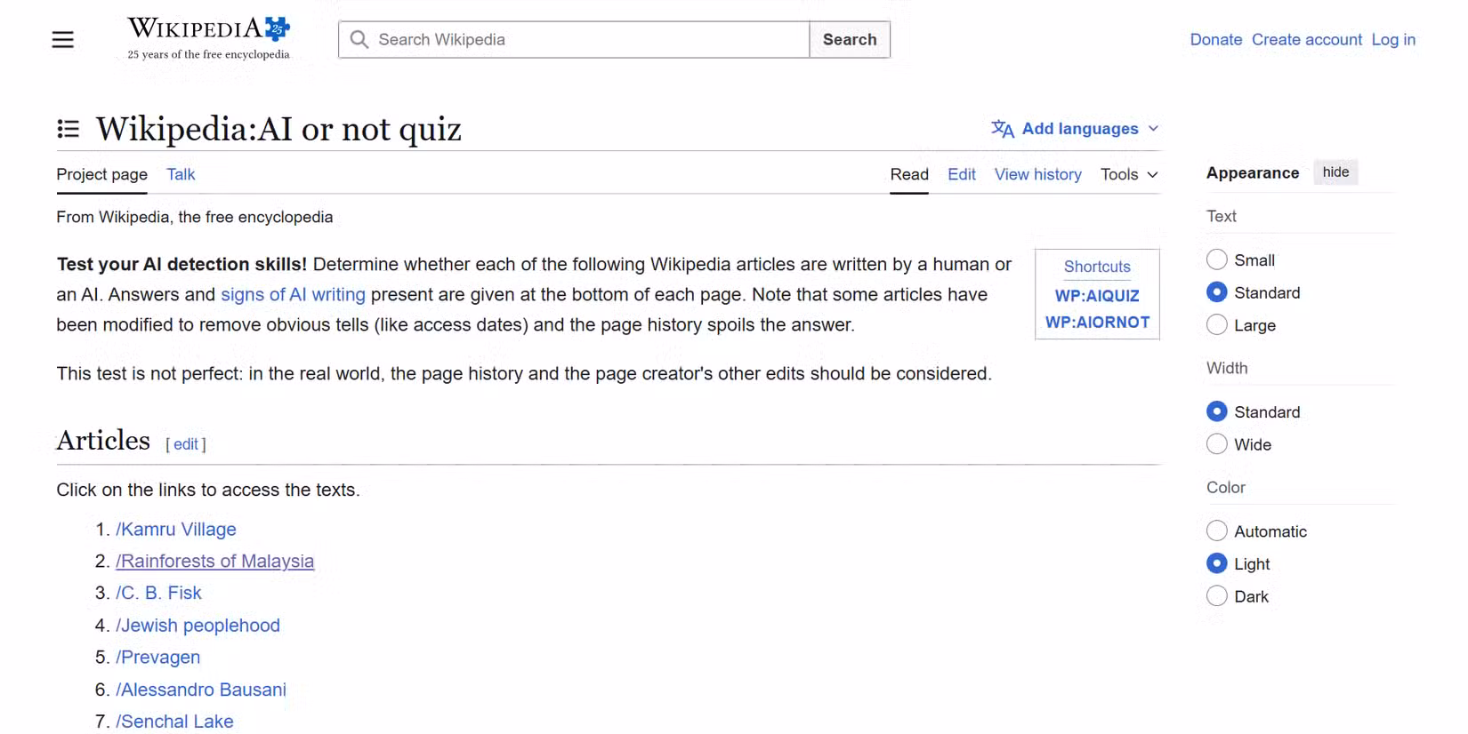 Wikipedia's AI or Not quiz page.