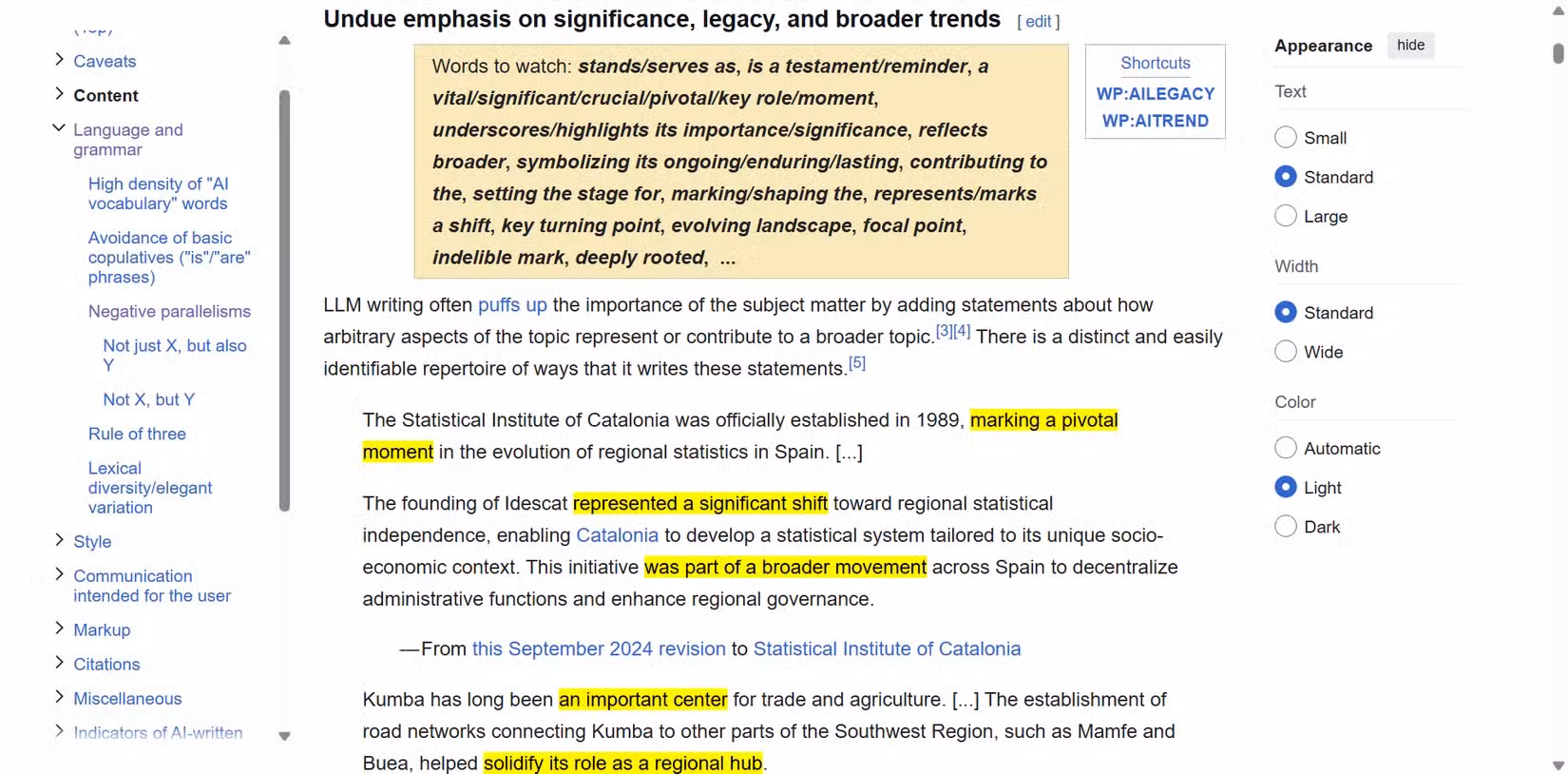Wikipedia's Signs of AI Writing page showing the puffery section with example sentences.