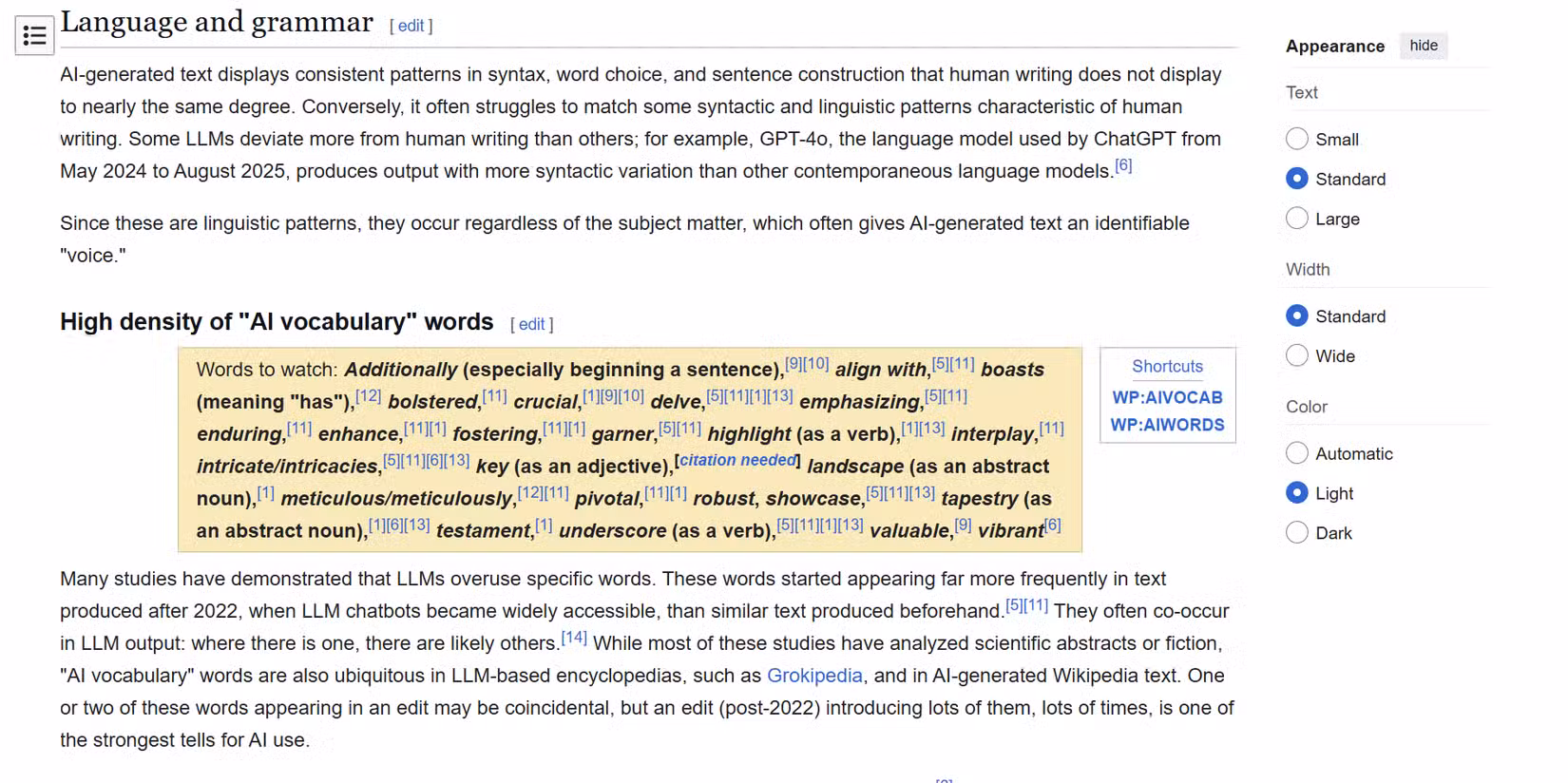 Wikipedia's Signs of AI Writing page showing the AI vocabulary list including words like delve and tapestry.
