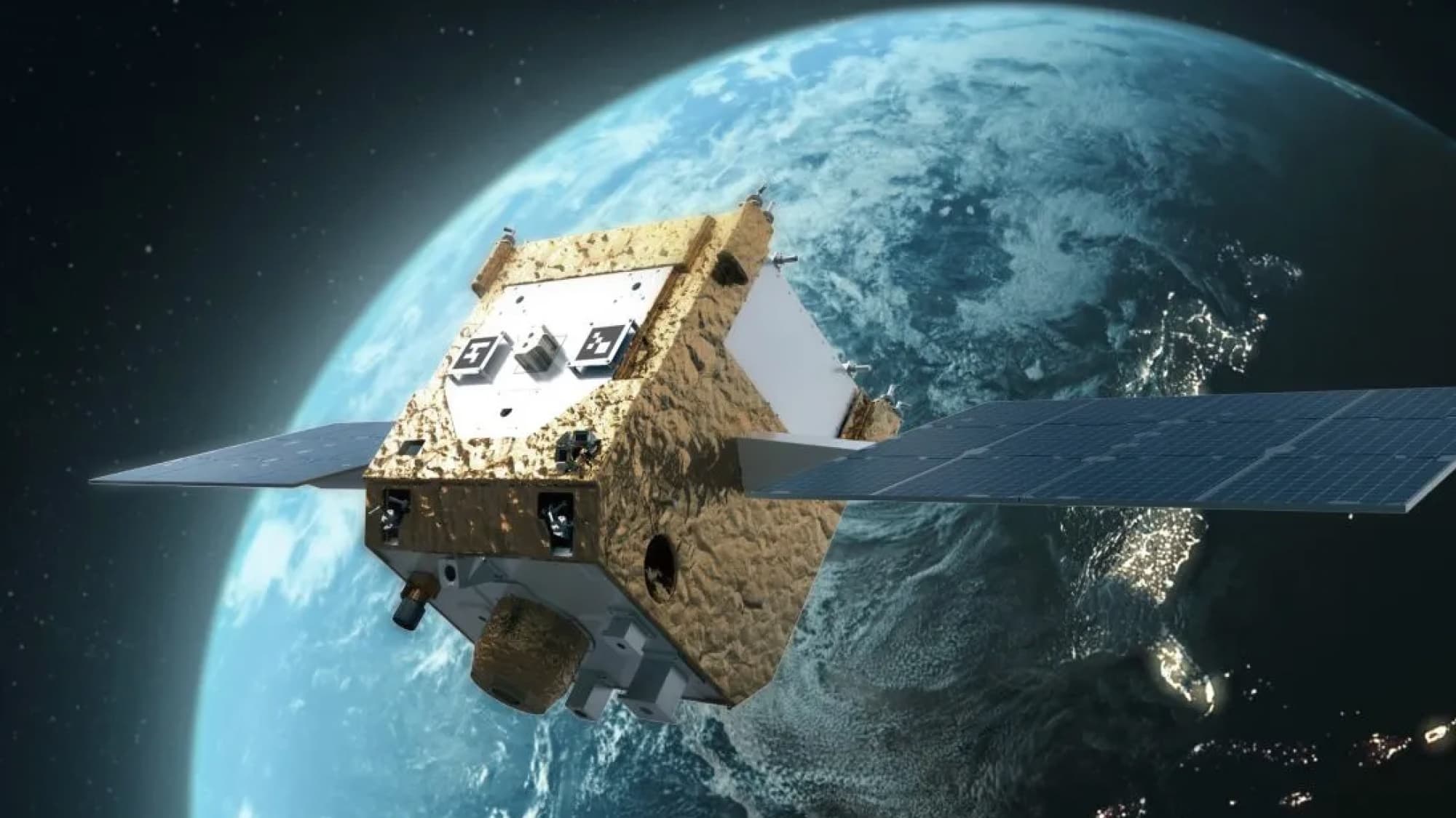 Artist's illustration of Astroscale's APS-R Refueler spacecraft high above Earth.