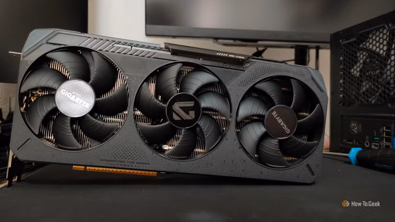 An AMD RX 9070 XT Gigabyte gaming graphics card.