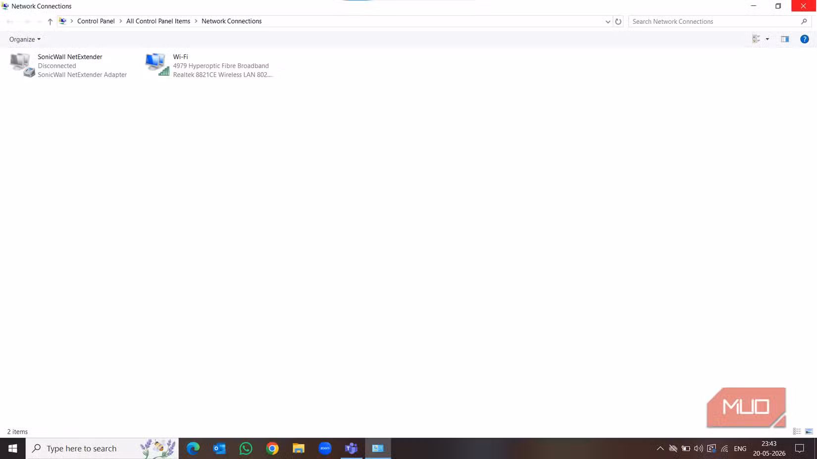 Network Connections panel in Windows