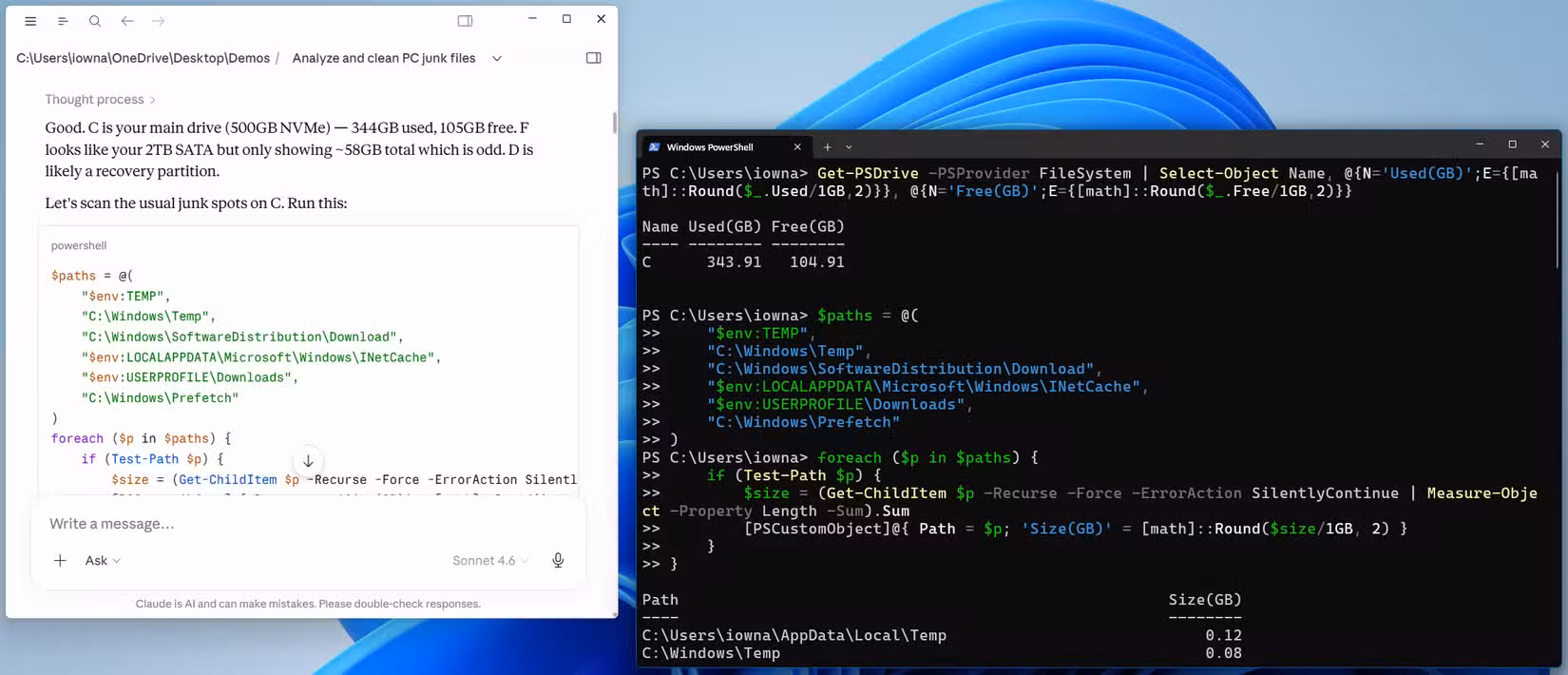 Side-by-side view of Claude Cowork analyzing C drive and PowerShell showing disk usage at 343 GB used.-1