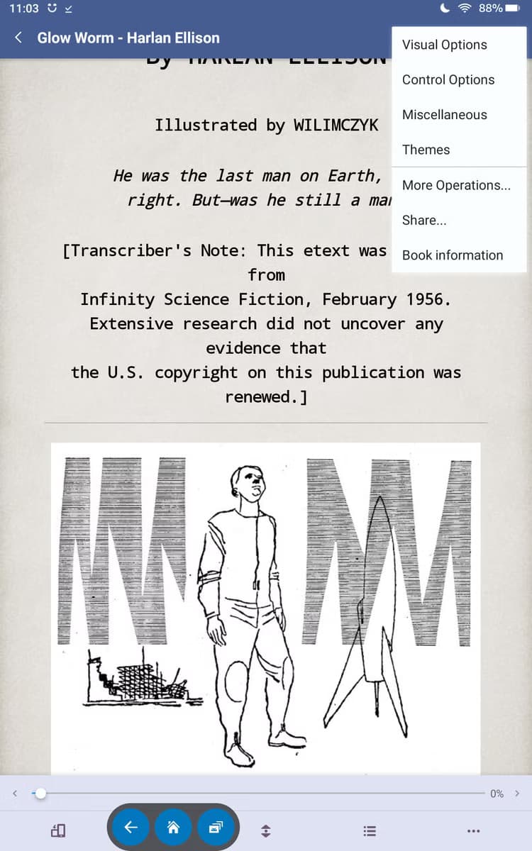 An old science fiction story featuring an image of a pencil-drawn man open in Moon+ Reader.