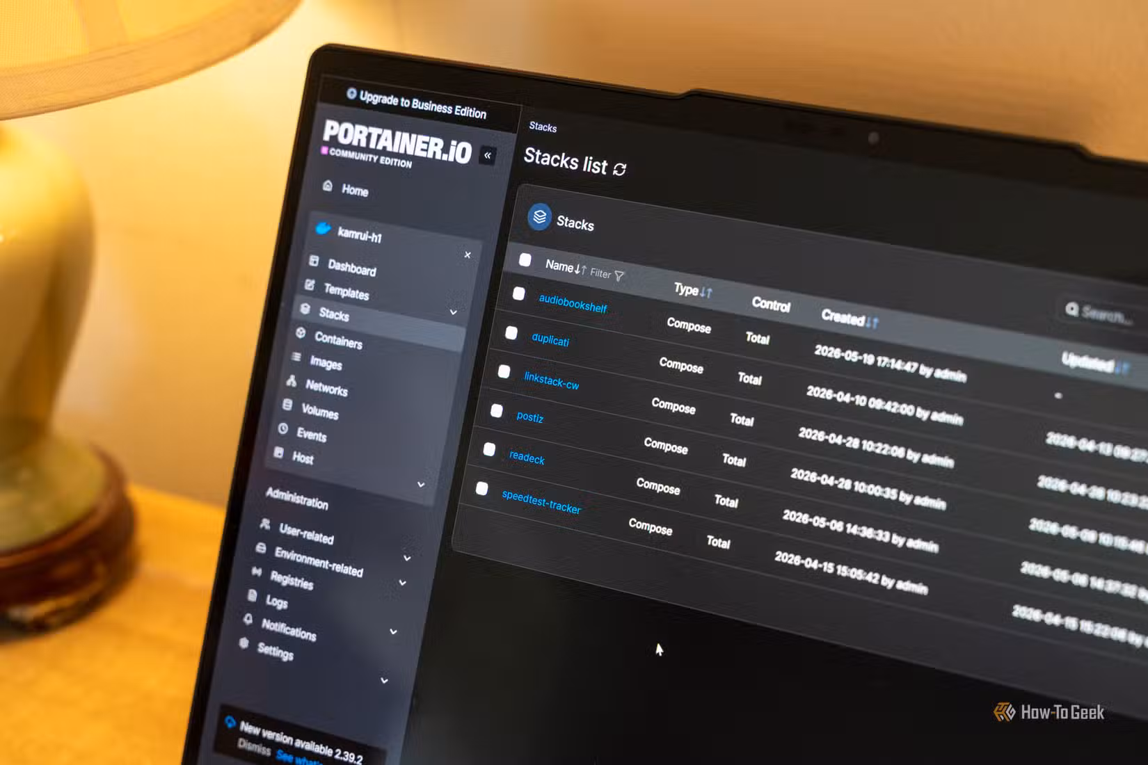 Docker Compose stacks list in Portainer with Audiobookshelf Duplicati Linkstack Postiz ReadDeck and Speedtest Tracker.