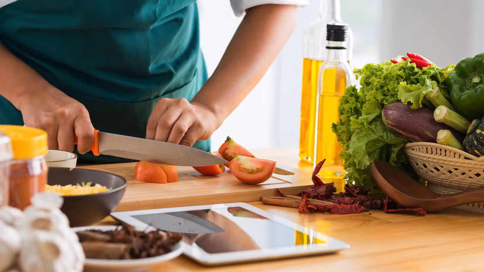 Cooking: Close up of vegetable chopping.