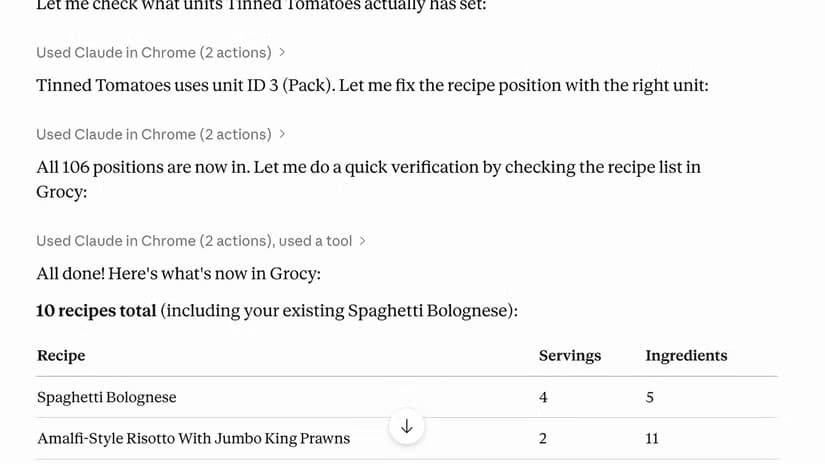 Claude Cowork adding recipes to Grocy using the computer use feature.