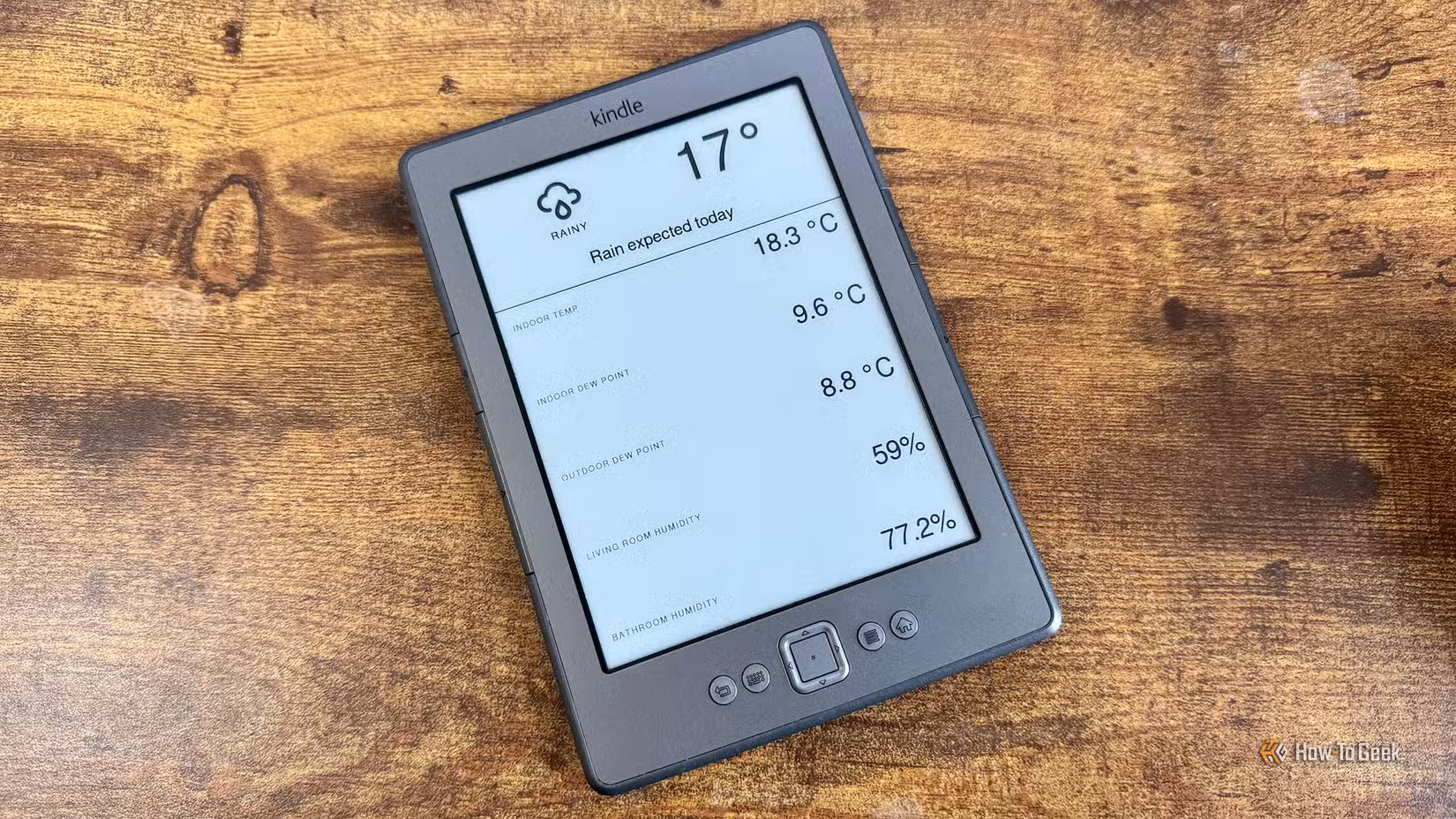 A Kindle 4 displaying a Home Assistant dashboard.