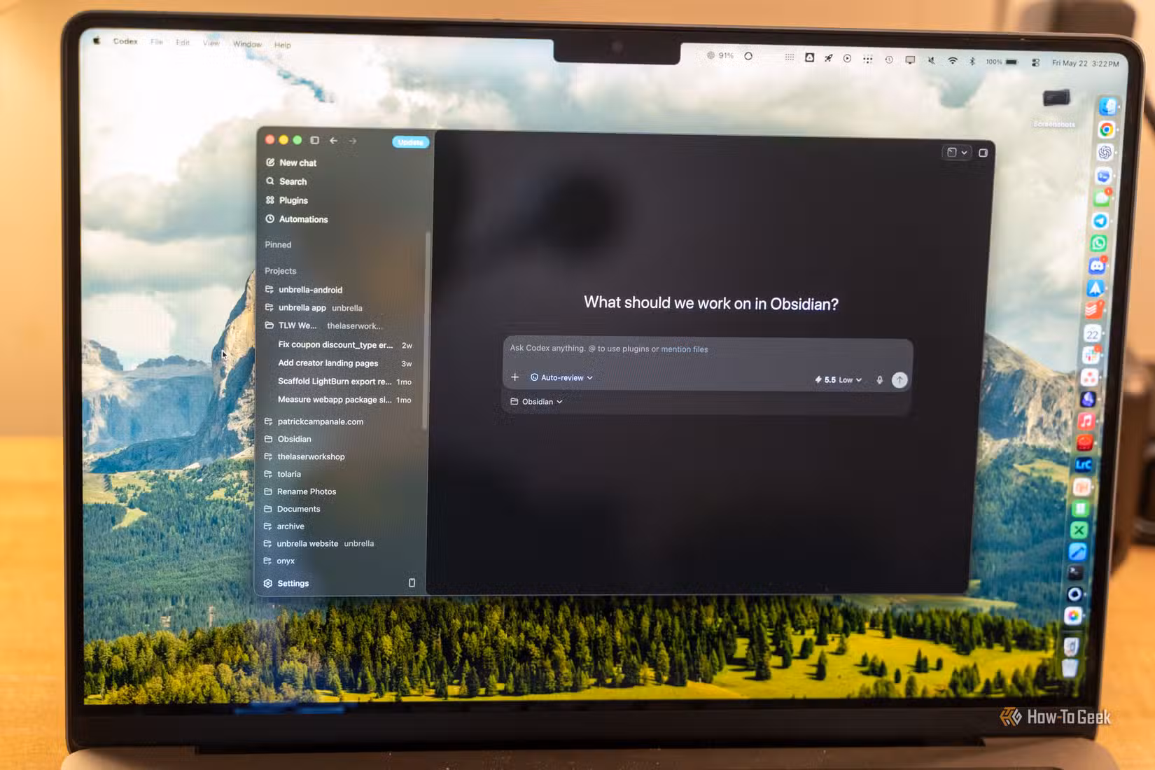 Codex desktop app open on a laptop with Obsidian project selected.
