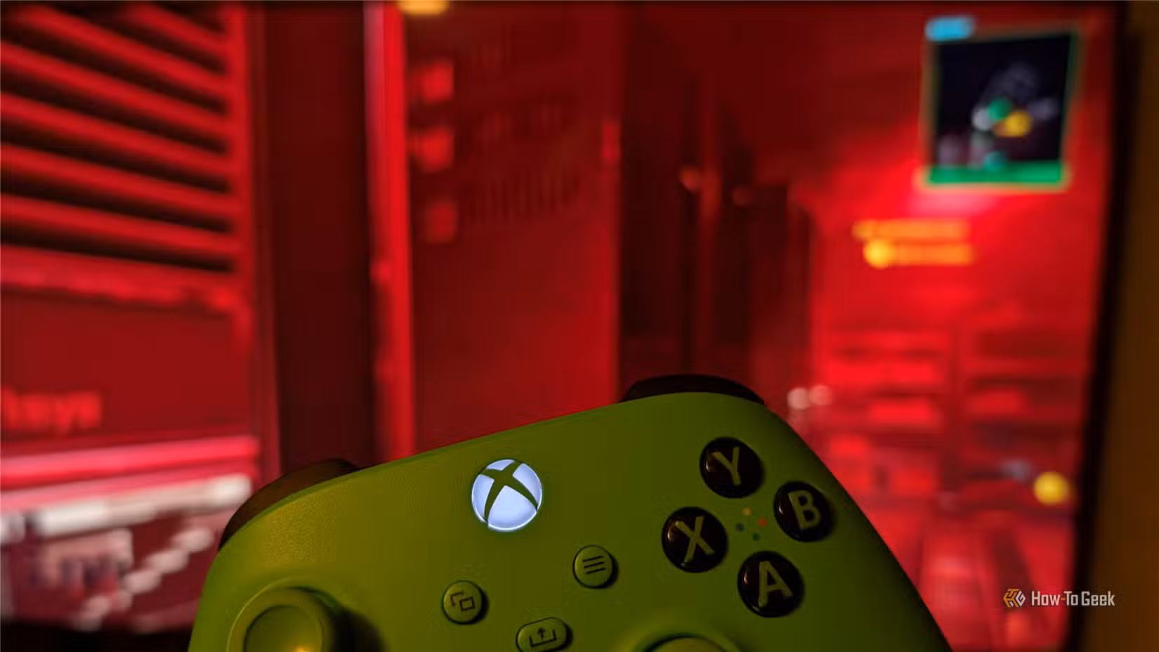 An Xbox controller in front of Cyberpunk 2077.