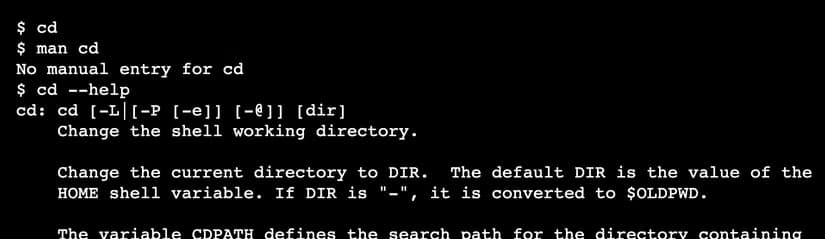 The linux cd command with the --help option showing usage.
