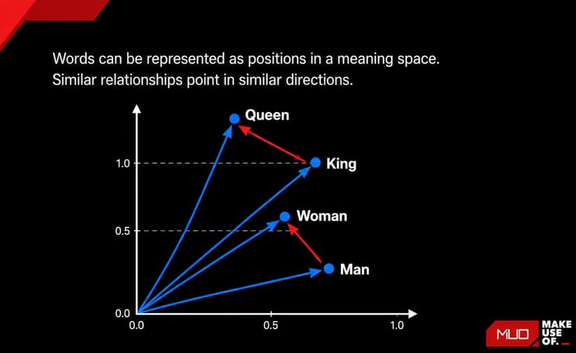 A simplified chart showing an example of word vectors in the context of embedding models