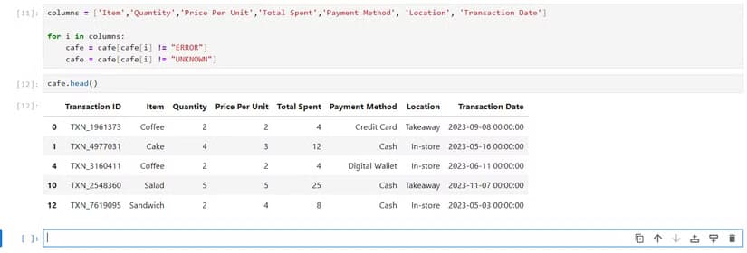 Filtering cafe data in Jupyter.