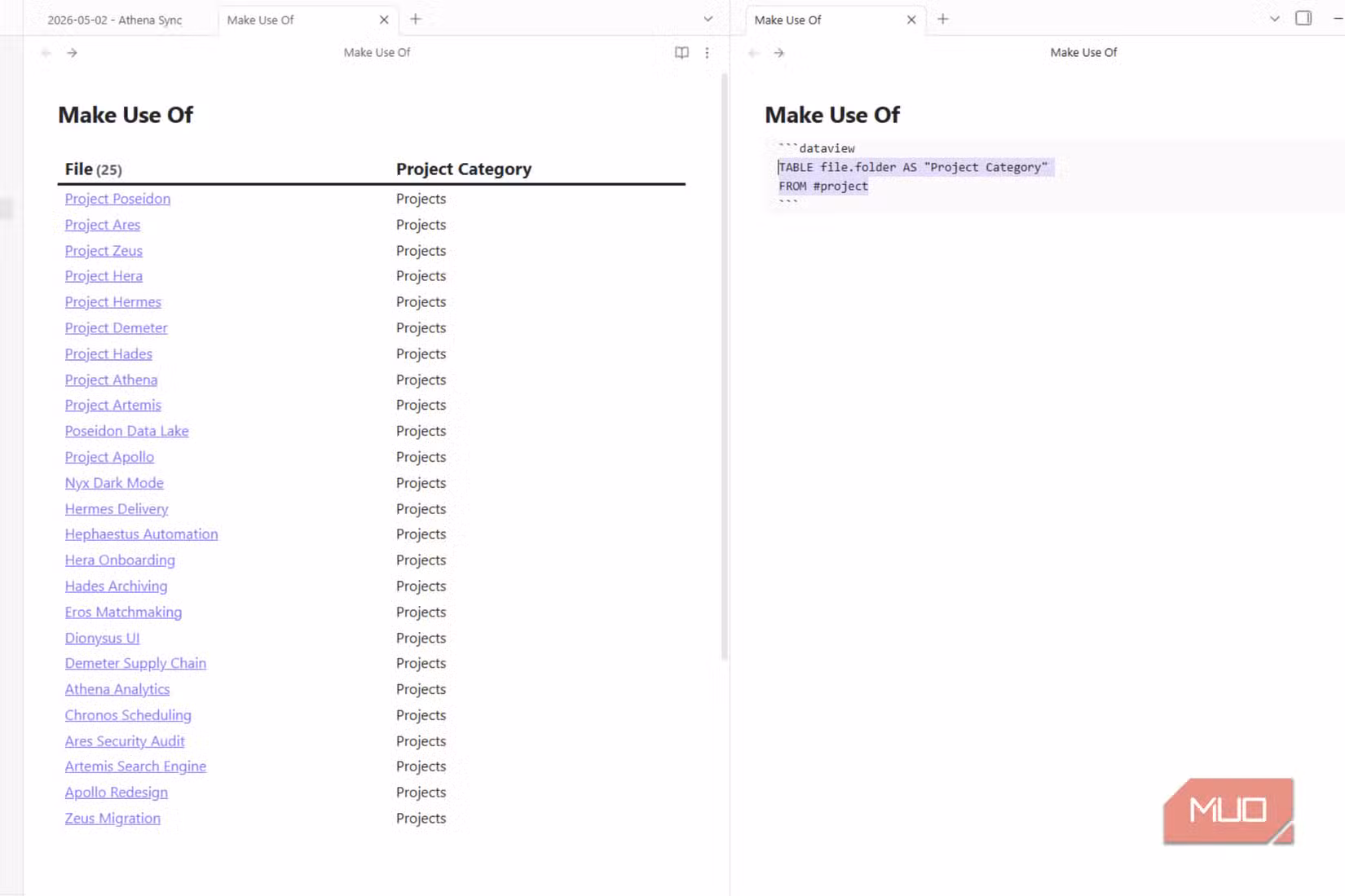 A side by side view of dataview working in Obsidian