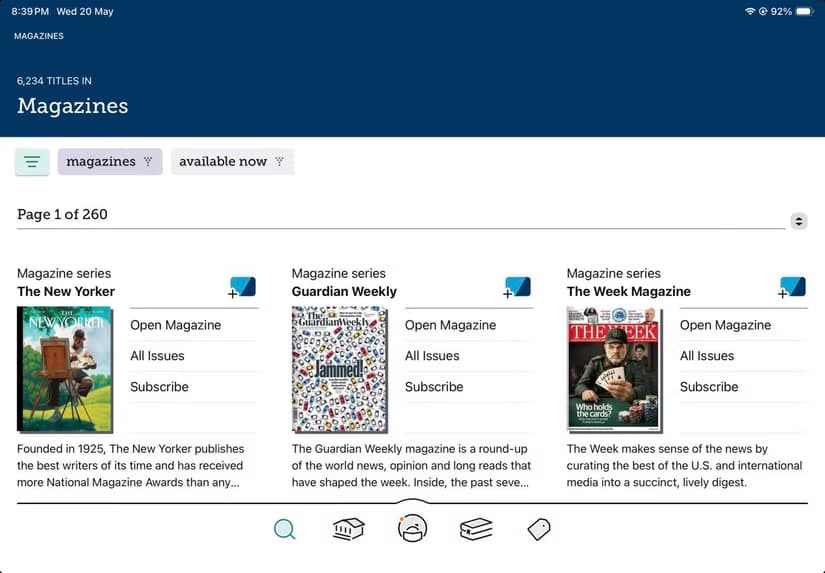 Libby browse screen filtered to Magazines showing available titles.