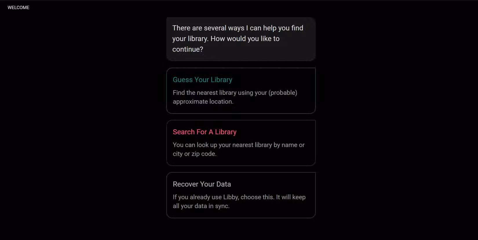 Libby app sign-in screen showing the Find My Library search field.