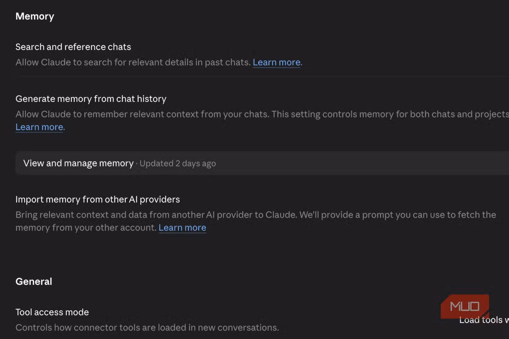 Memory from chat history setting enabled on Claude