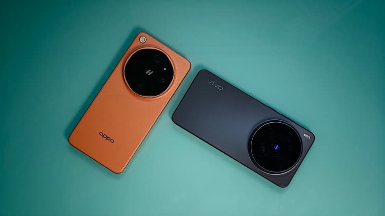 Oppo Find X9 Ultra and Vivo X300 Ultra, face down on a teal surface.