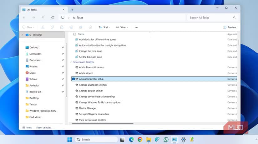 Printer settings in God Mode