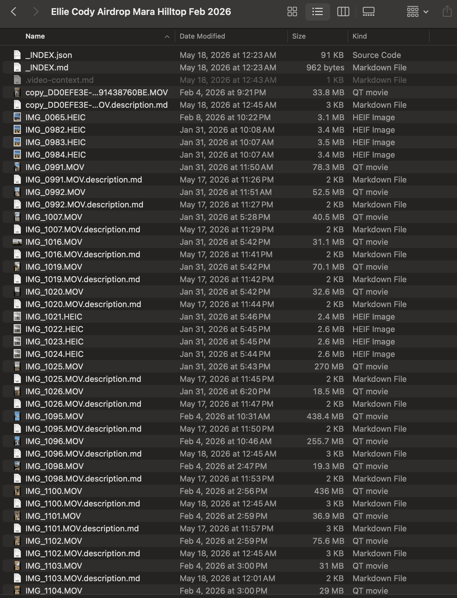 Finder window showing a Mara Hilltop archive folder: video and photo files paired with .description.md sidecars, plus _INDEX.json and _INDEX.md at the top