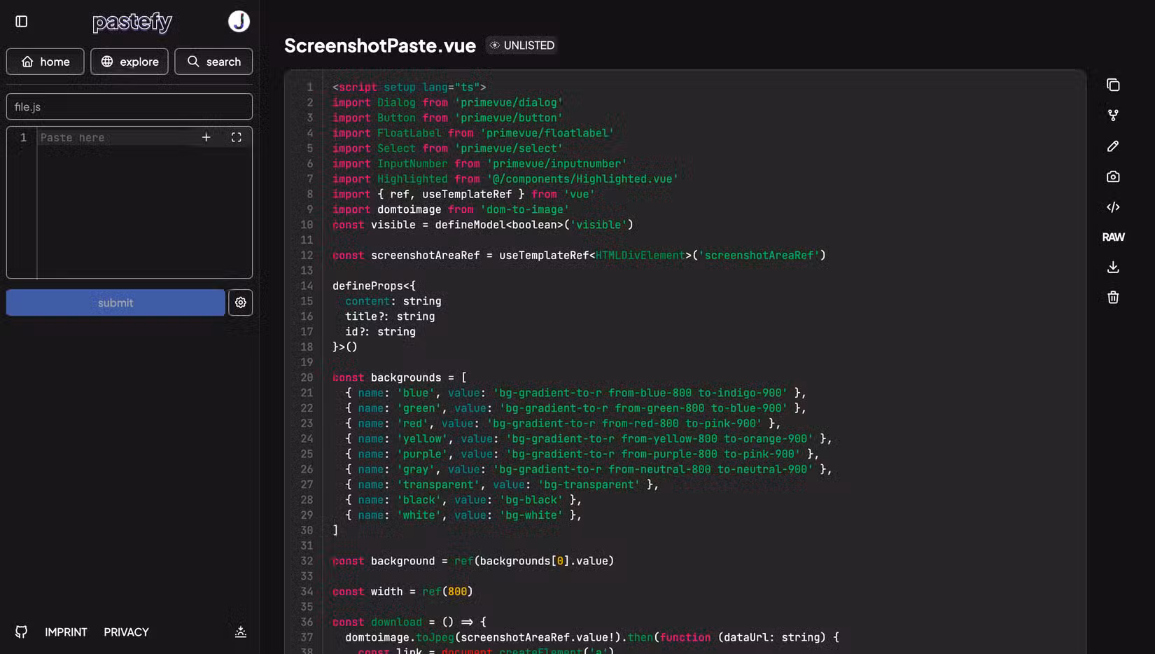 Pastefy's UI with code in the paste area showing syntax highlighting.