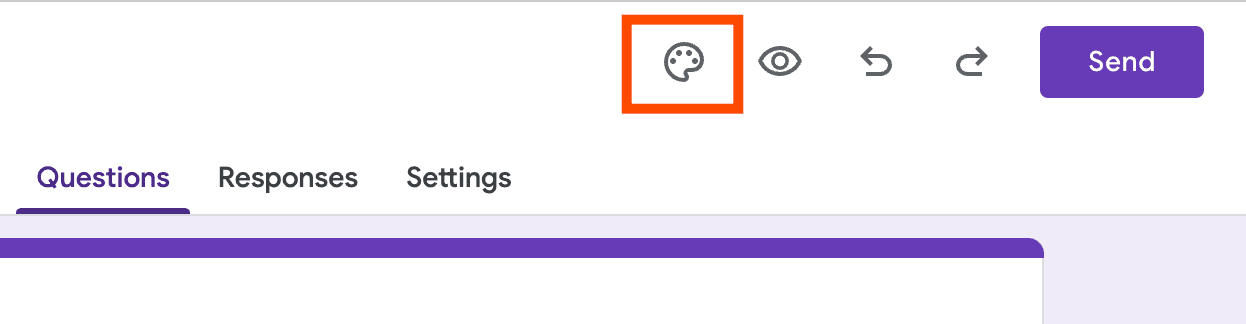 Main menu for Google Forms with a box around the Customize Theme icon, which looks like a paint palette.