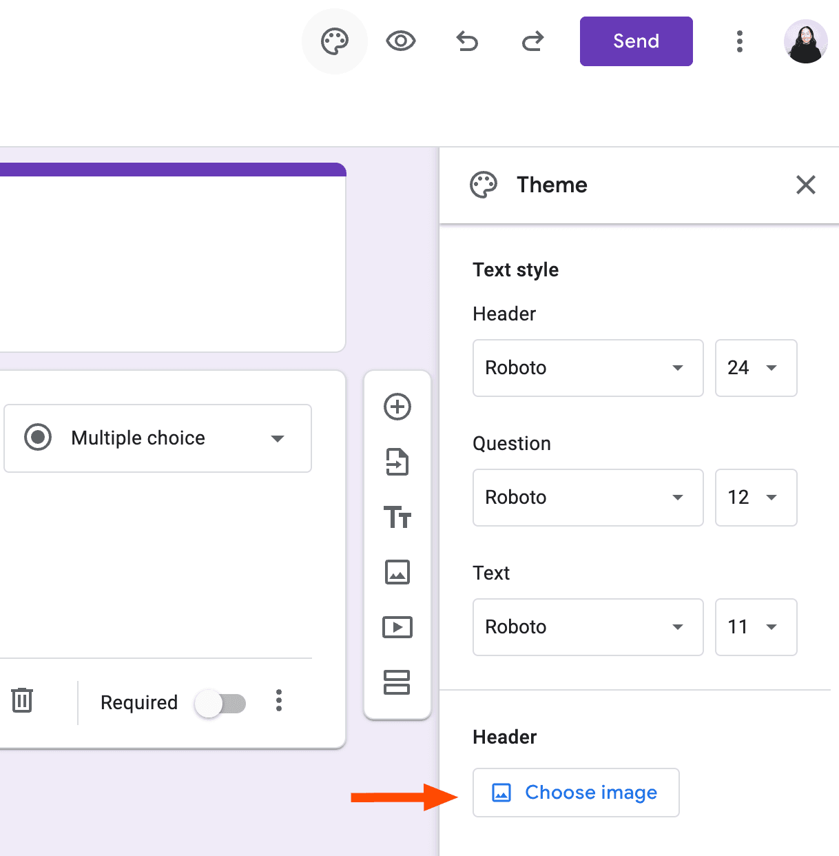 Theme pane in Google Forms with an arrow pointing to "Choose image."