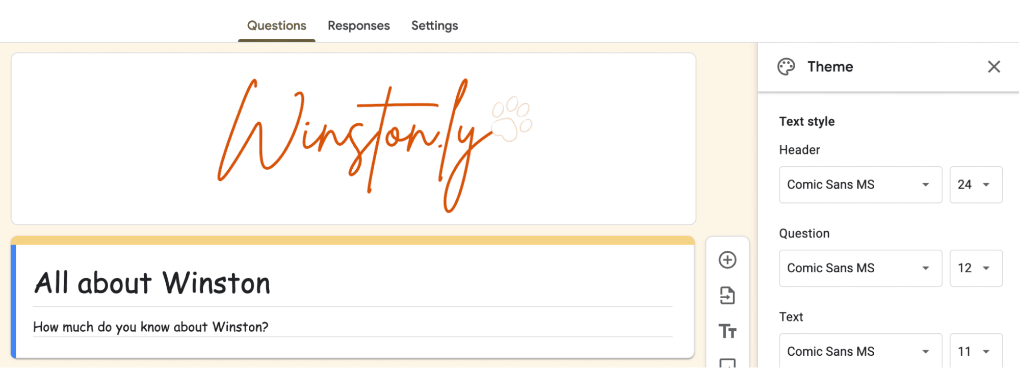 Portion of the Theme pane in Google Forms. The text style for the header, question, and text are all set to Comic Sans MS.