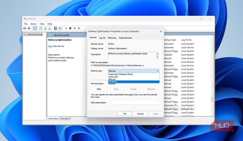 Delivery optimization service properties on PC
