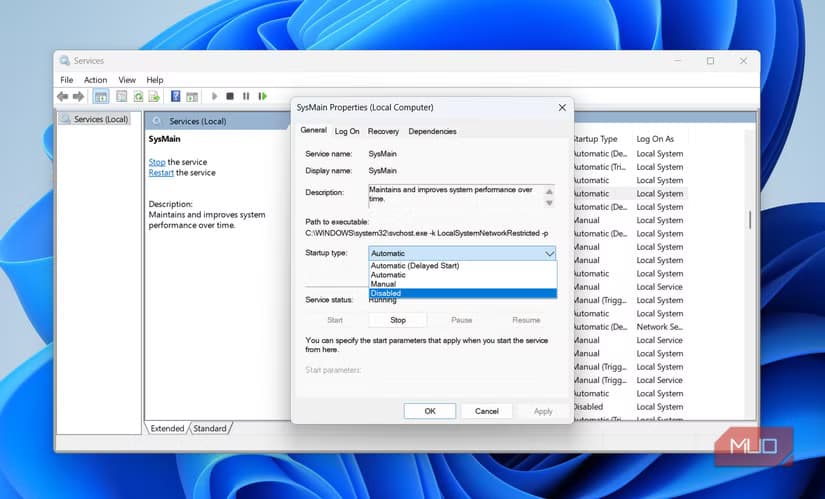SysMain service properties on Windows