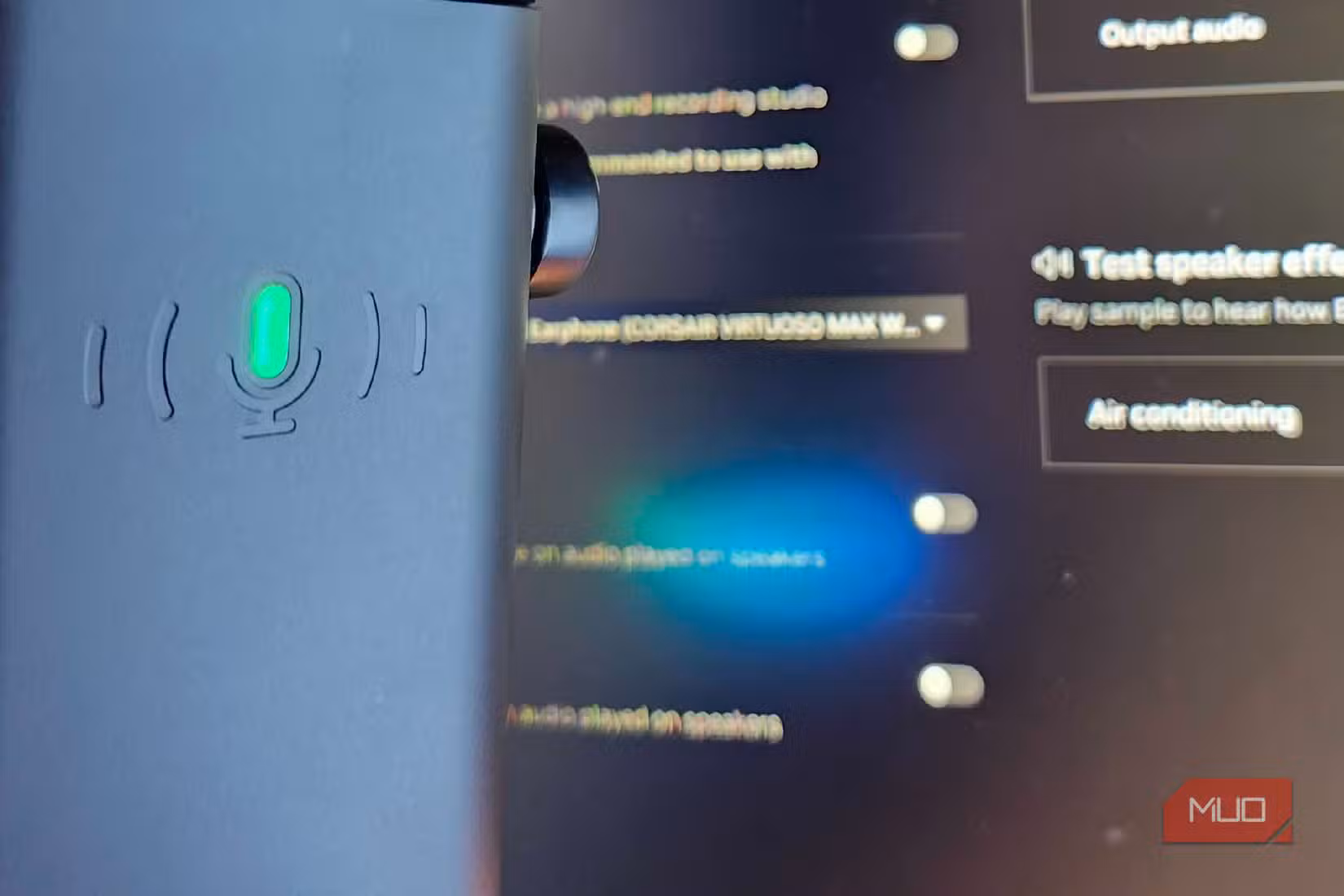 A close-up of my microphone and NVIDIA Broadcast running in the background