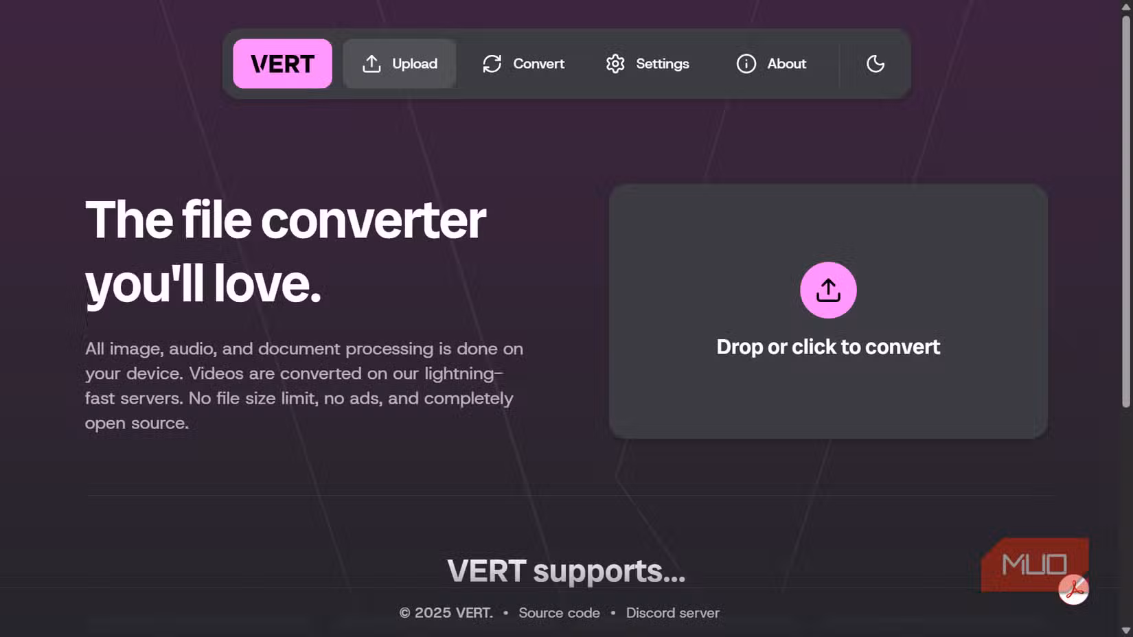 VERT file converter interface with upload option.