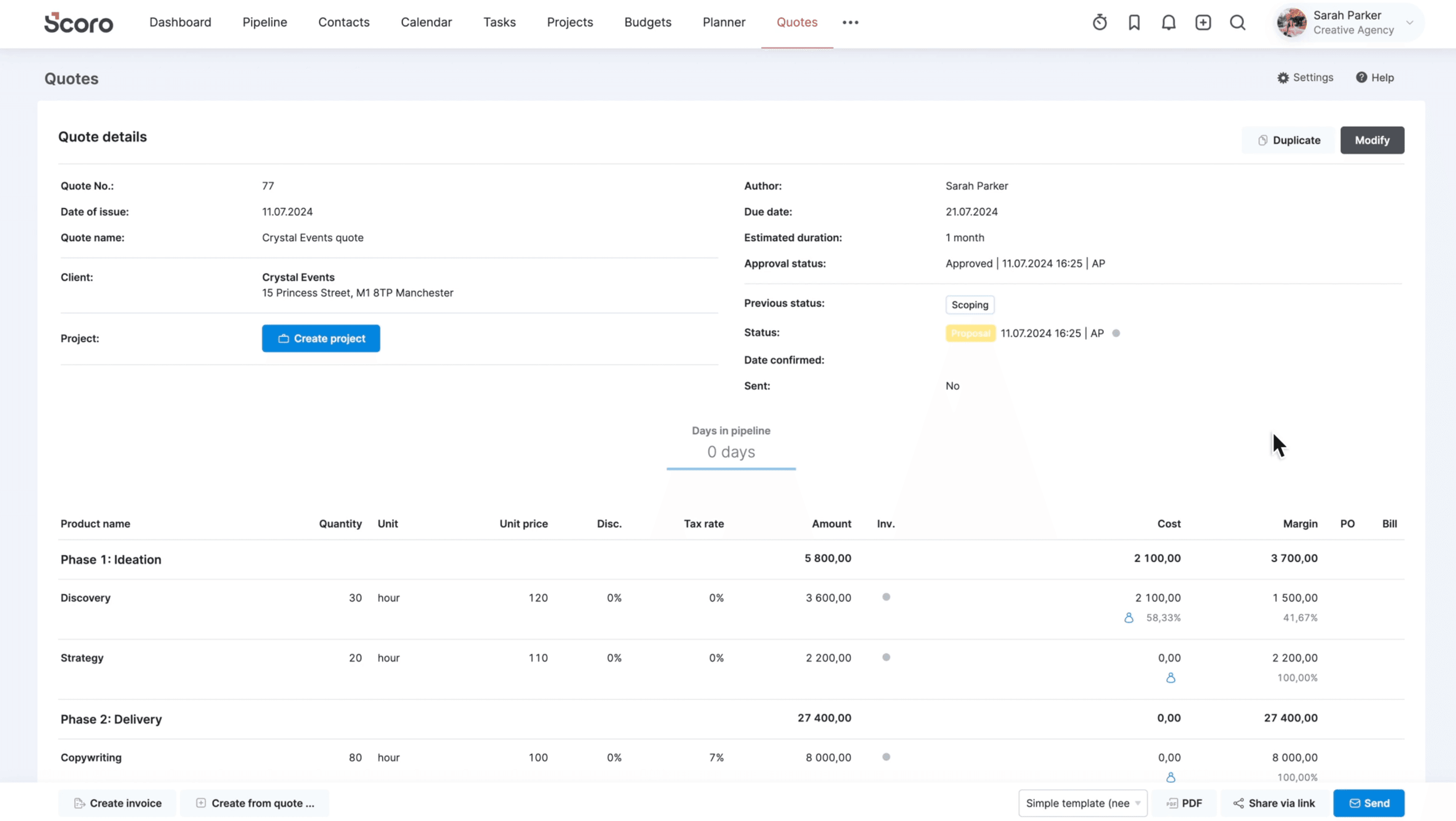 Scoro, our pick for the best creative project management software for quote-to-cash workflows