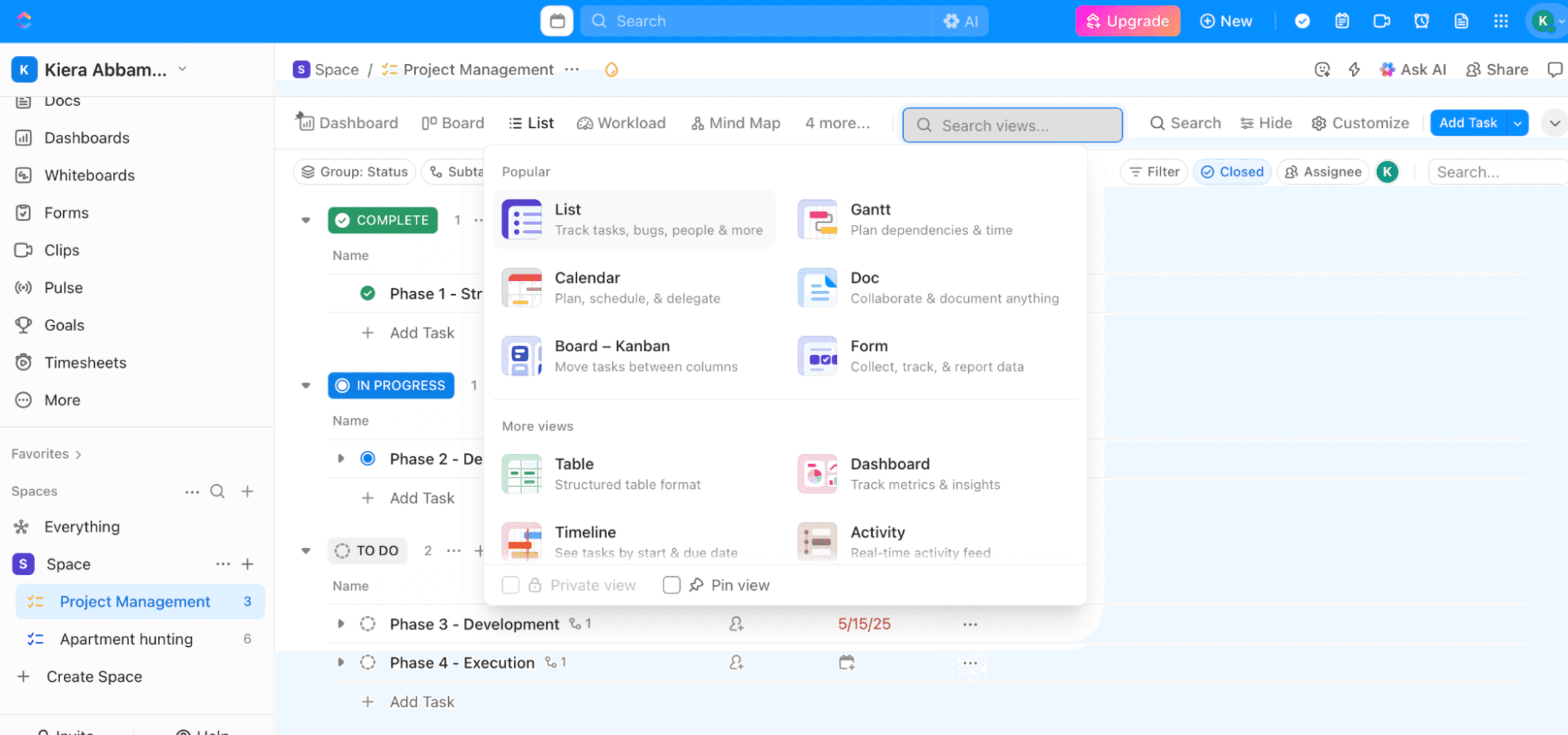 ClickUp, our pick for the best creative project management software for creative review