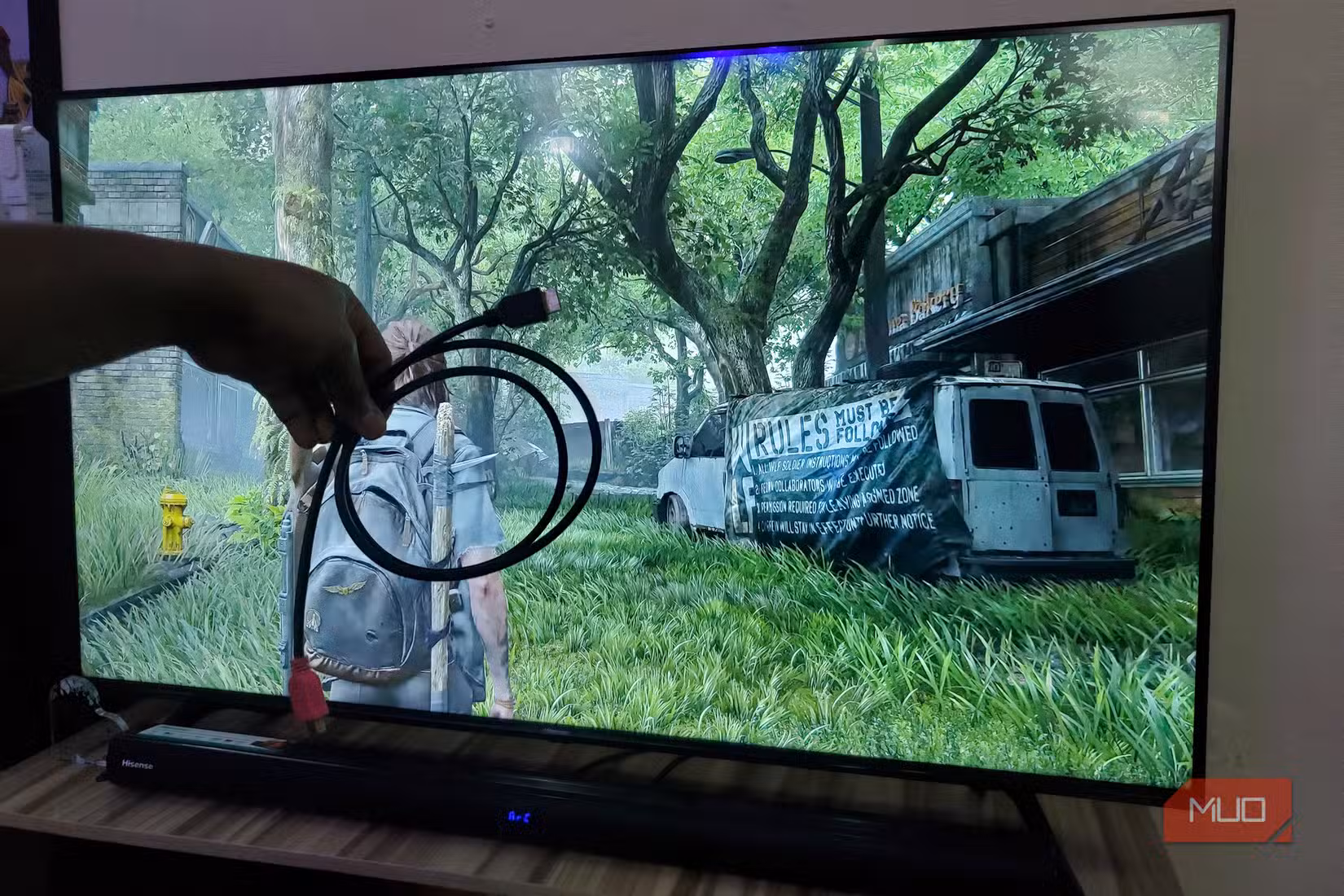 A hand holding an HDMI cable in front of a TV screen.