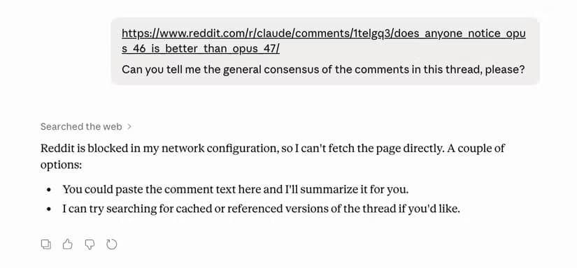 A chat in Claude in which Claude states that Reddit is blocked in its network configuration.