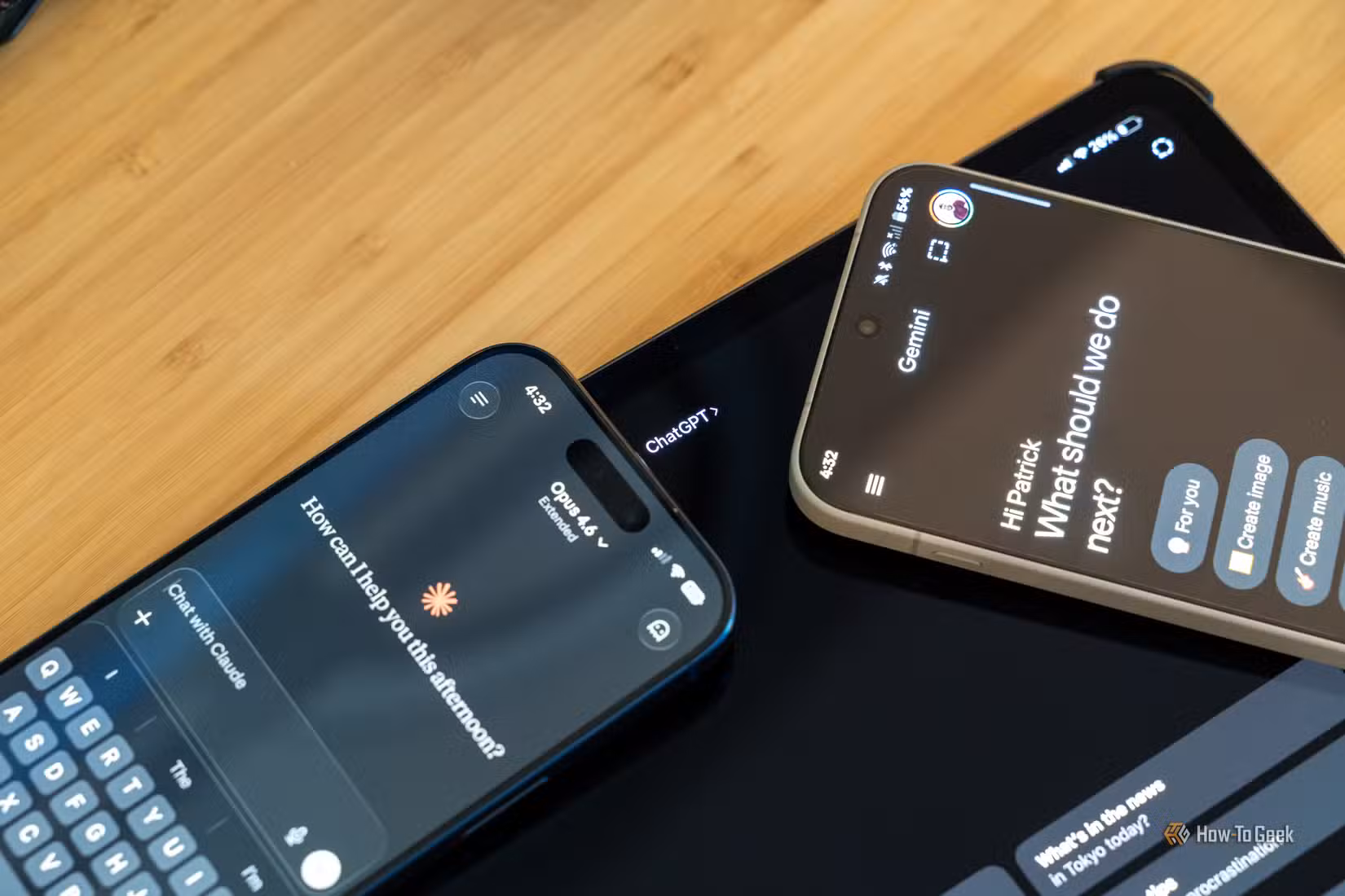 Claude, ChatGPT, and Gemini open on an iPhone, iPad, and OnePlus 15.