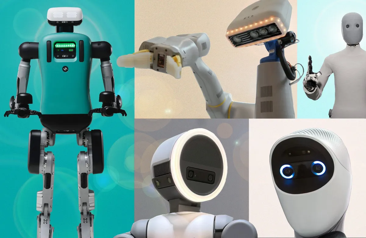 A collection of 5 robots against colored backgrounds