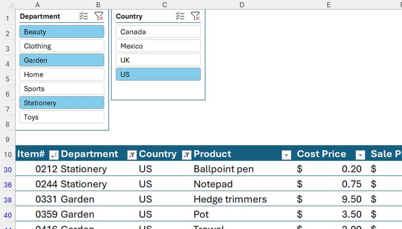 Two floating interactive slicer blocks positioned above an Excel table with active criteria highlighted in light blue.