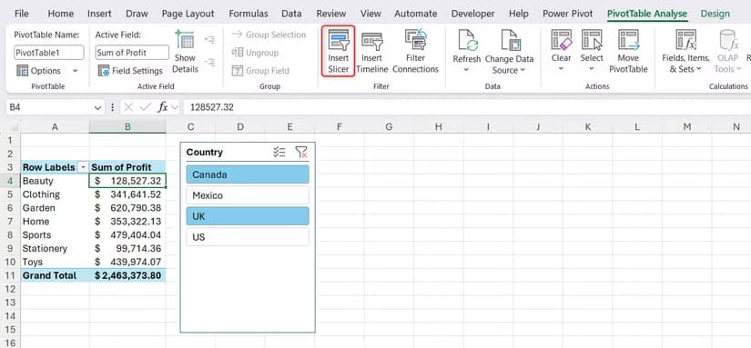 An active PivotTable and slicer on a worksheet with the Insert Slicer button highlighted in the PivotTable Analyze ribbon tab.