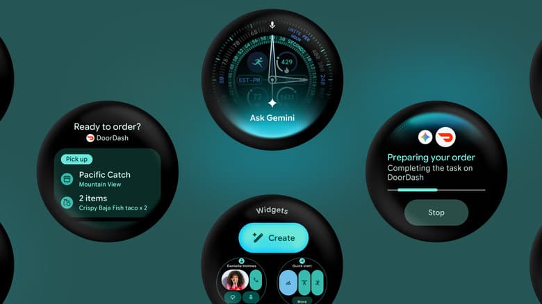 Several Wear OS screens floating on a teal background.