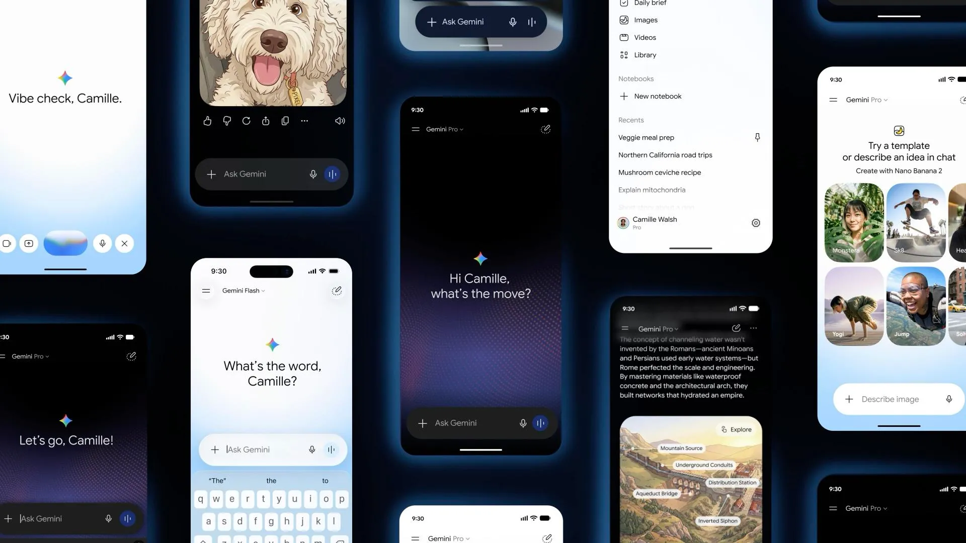 Screenshots of Google’s Gemini app with the Neural Expressive design language.