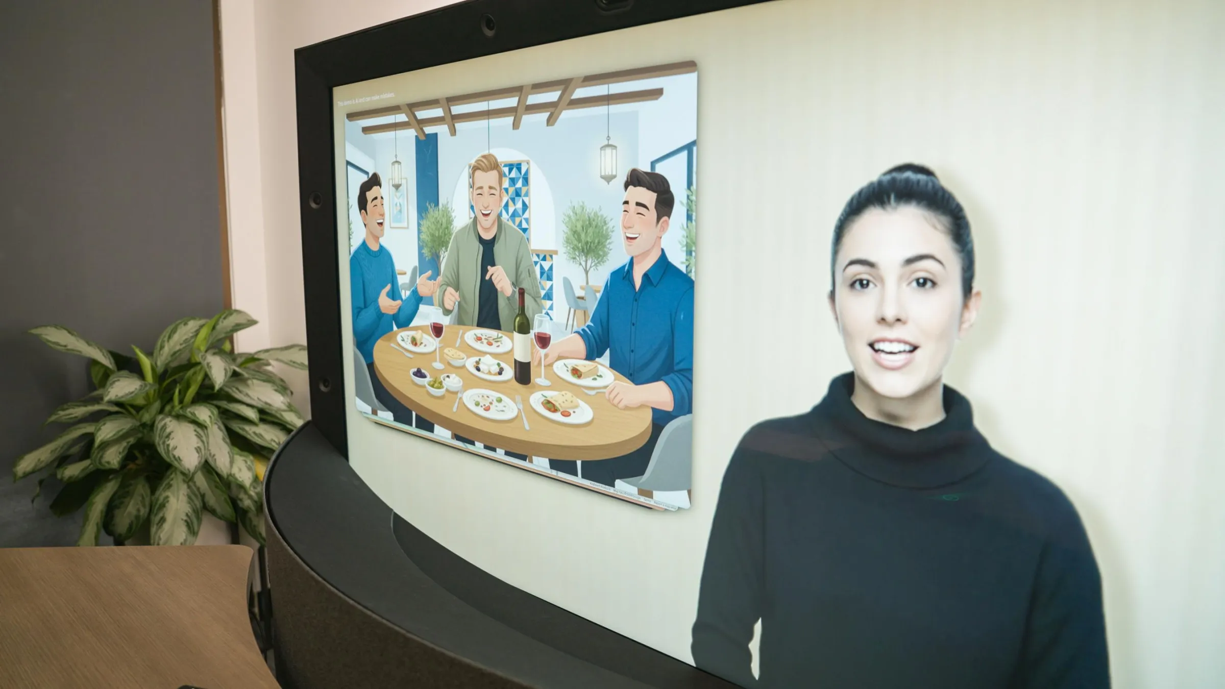 An HP Google Beam device with a female AI agent on screen.