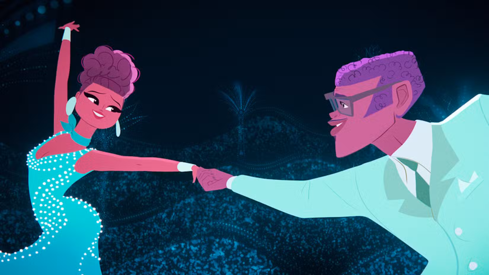 2D animation of a young Andres and Marta dancing from the movie Vivo.