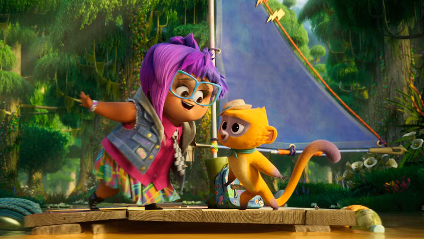 Gabi and Vivo on a raft in the movie Vivo.