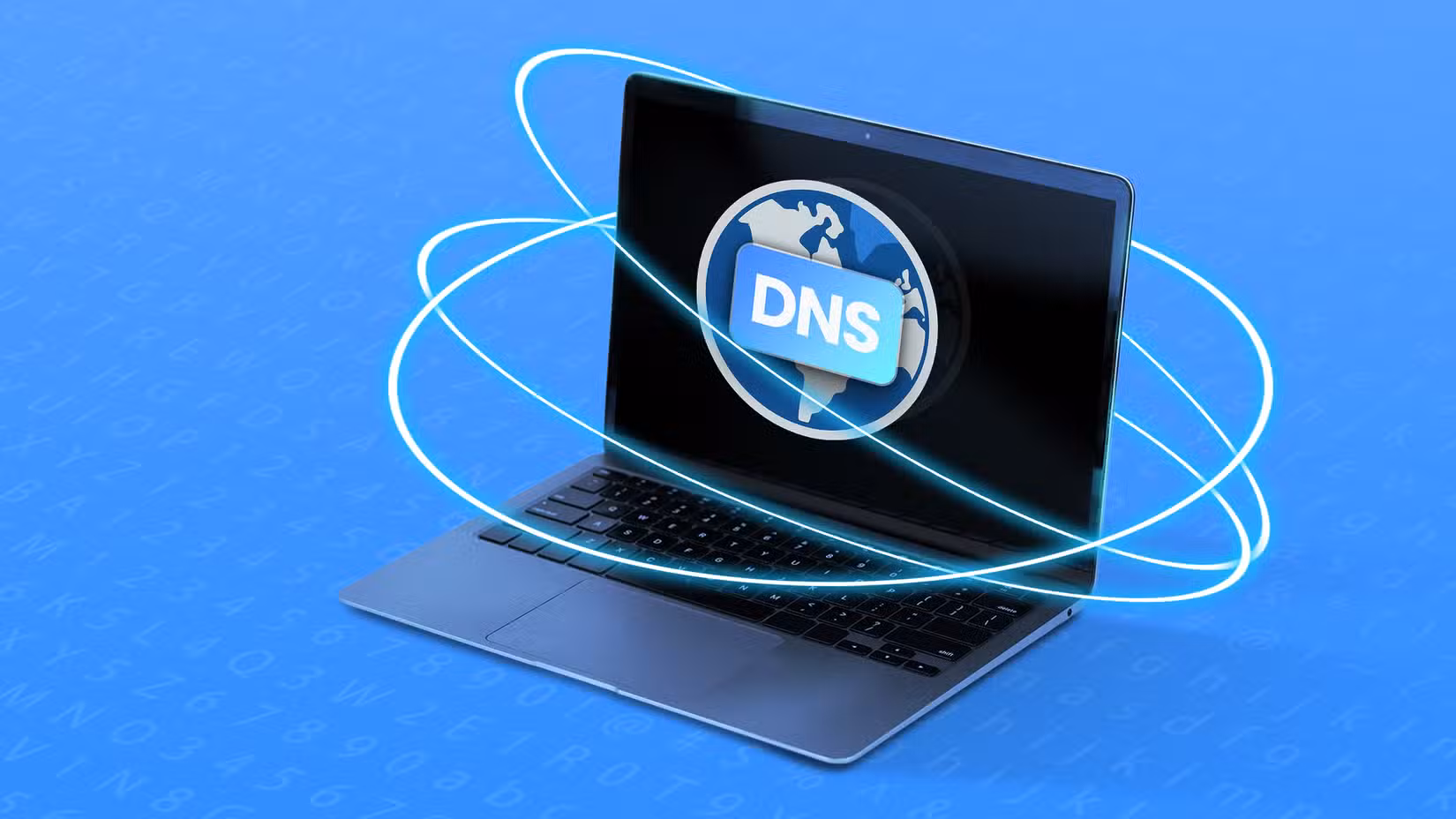 A laptop on a blue background displays a globe icon with the label 'DNS' on its screen, while glowing curved lines orbit around it.