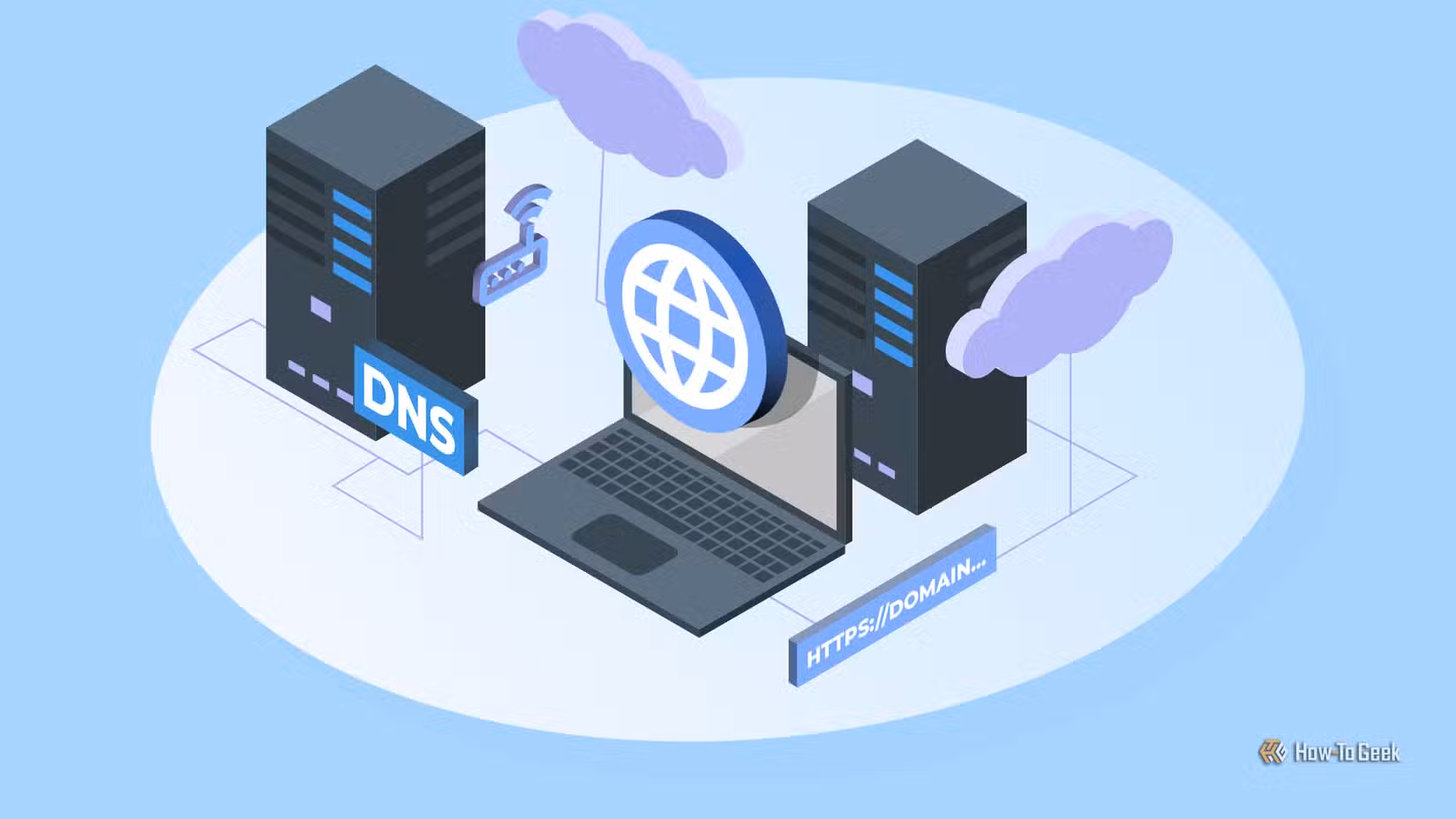 Isometric illustration of a self-hosting setup, with a laptop connected to black server towers, a router, a blue globe, a label with 'DNS' and a domain address.