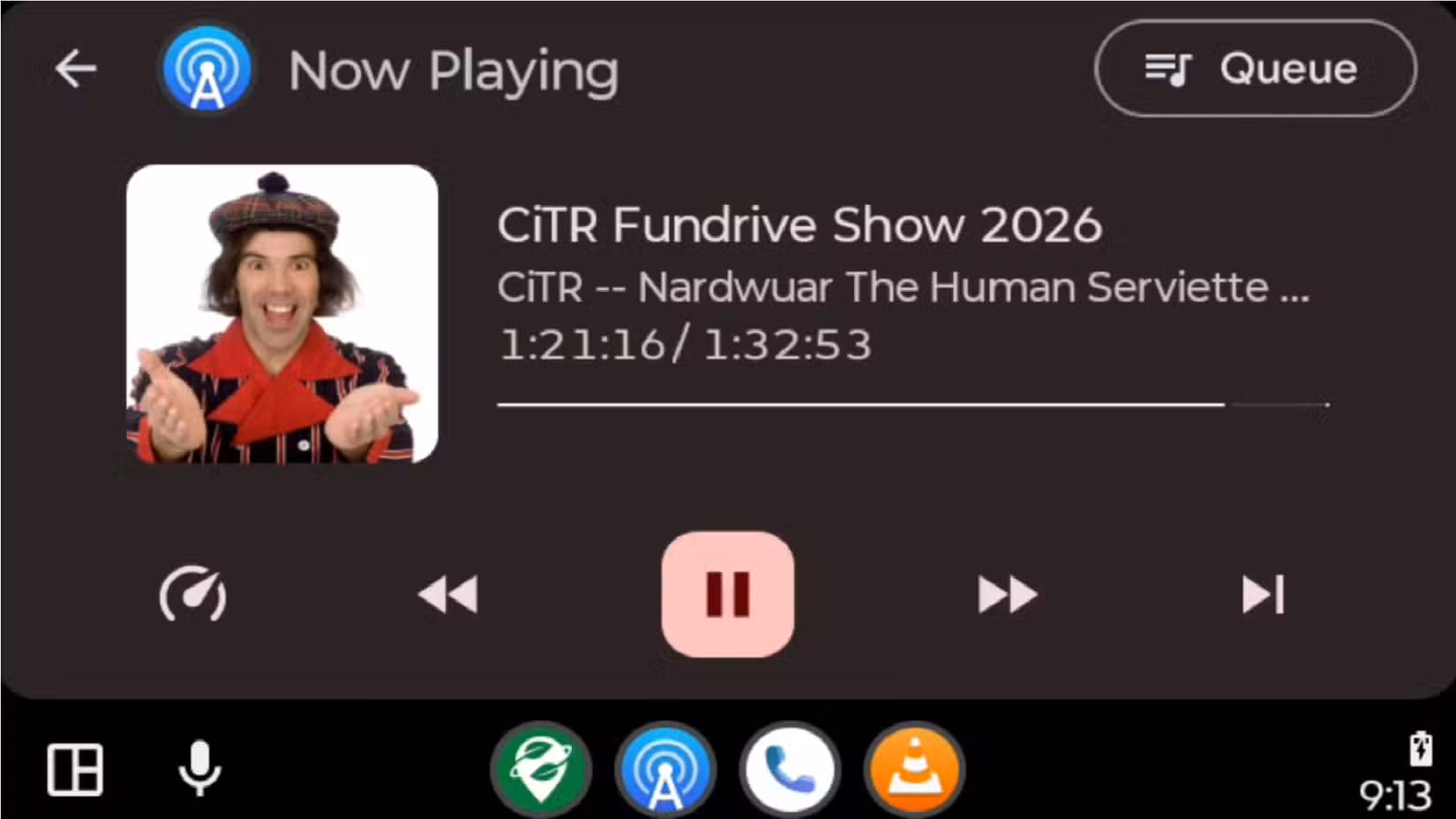 Antenna Pod playing an episode of Nardwuar on Antenna Pod via Android Auto.