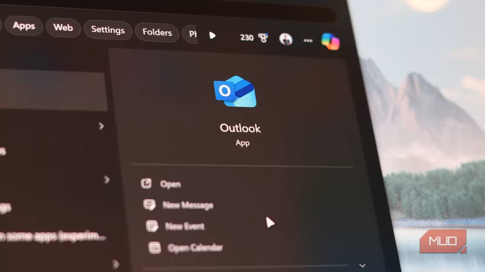 Outlook email client in Windows search results.