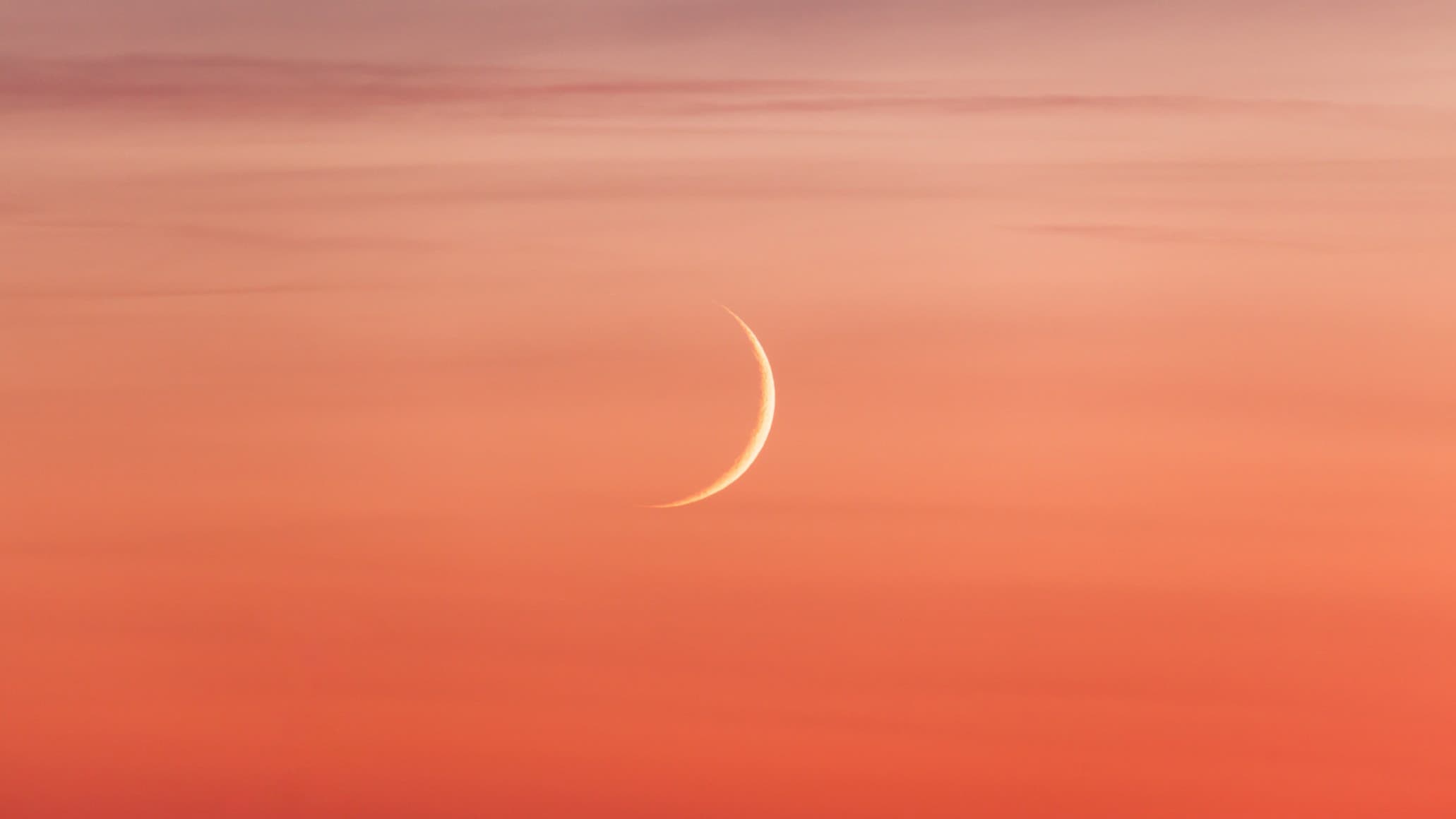 a thin crescent moon shines in a delicate pink and peach sky.